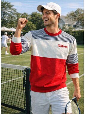 Forever 21 Men Medium Red White Blue Sweatshirt Wilson Tennis Striped Colorblock